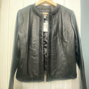 Chico's Black Leather Jacket with Embellished Trim